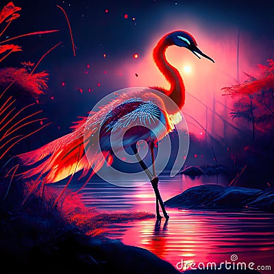 Beautiful stork in the pond at night. Digital painting. AI generated Stock Photo