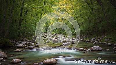 A Beautiful Stream Running Through A Lush Green Forest Filled With Rocks AI Generative Stock Photo
