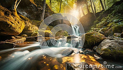 Beautiful Stream and Small Waterfall in a Green Forest - Generative Ai Stock Photo