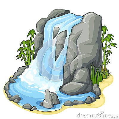 Beautiful stream of waterfall from cliff. Vector Vector Illustration