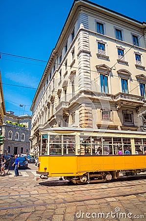 Beautiful street with ancient buildings in the center of Milan, Italy Editorial Stock Photo