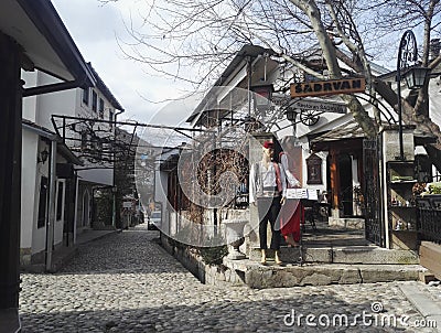 Beautiful street and restaurant Sadrvan in Mostar Editorial Stock Photo