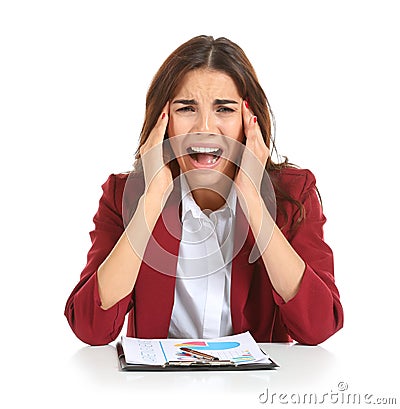 Beautiful stressed businesswoman with clipboard on white background Stock Photo