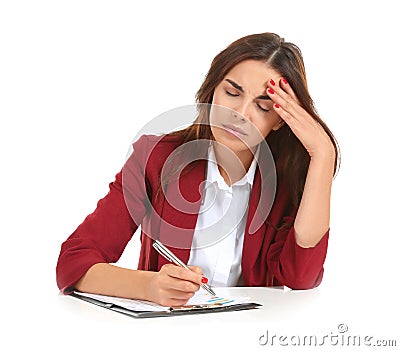 Beautiful stressed businesswoman with headache on white background Stock Photo