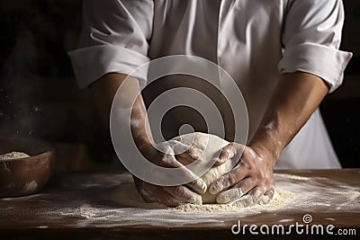 Beautiful and strong men's hands baker chef knead the dough on the wooden table make for bread, pasta or pizza. Stock Photo
