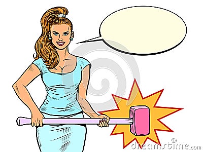 Beautiful strong woman with a hammer. Feminism Vector Illustration