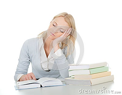 Beautiful student girl tired from doing homework Stock Photo