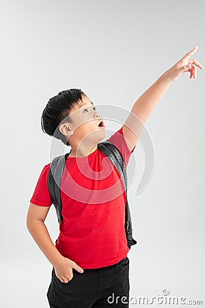 Beautiful student kid boy wearing backpack holding book over isolated white background very happy pointing with hand and finger to Stock Photo