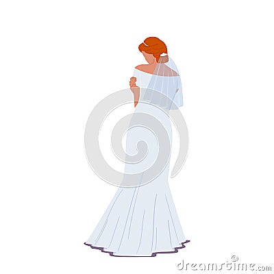 Beautiful Stylish Bride in Elegant Dress Rear View Isolated on White Background. Young Female in Fashioned Apparel Vector Illustration