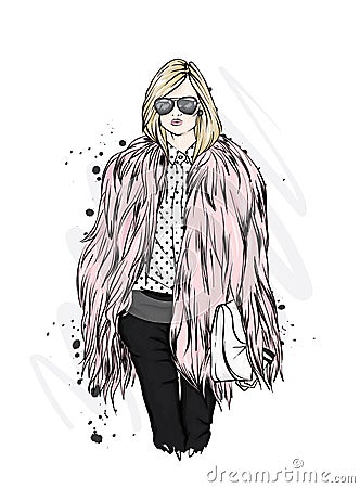 Beautiful stylish girl in a fur coat, trousers and glasses. Fashionable clothes and accessories. Fashion Vector Illustration