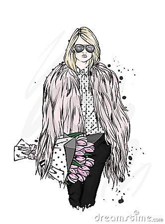 Beautiful stylish girl in a fur coat, trousers and glasses. Fashionable clothes and accessories. Fashion & Style. Vector Illustration