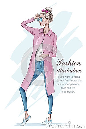 Beautiful stylish girl wearing jeans and cardigan. Hand drawn girl with sunglasses. Fashion woman. Sketch. Vector Illustration