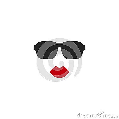 Beautiful stylish lady icon. Red silhouette of woman`s head in hipster sun glasses with red lips Cartoon Illustration