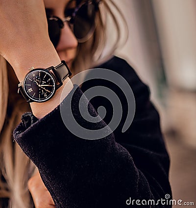 Beautiful stylish watch on woman hand Stock Photo