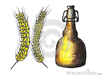 Beautiful stylized picture - yellow wheat and beer bottle watercolor drawing Cartoon Illustration