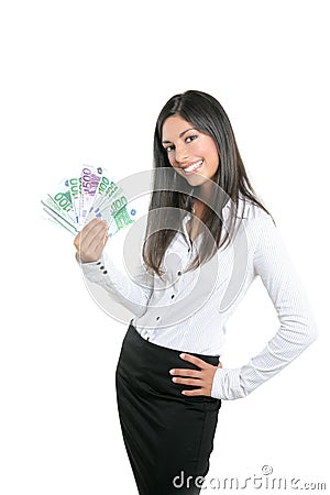 Beautiful success businesswoman holding Euro notes Stock Photo