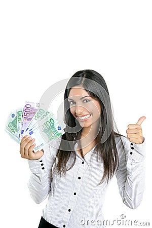 Beautiful success businesswoman holding Euro notes Stock Photo