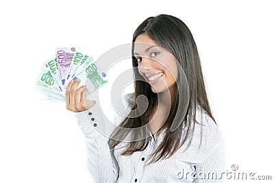 Beautiful success businesswoman holding Euro notes Stock Photo