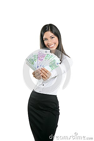 Beautiful success businesswoman holding Euro notes Stock Photo