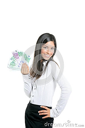 Beautiful success businesswoman holding Euro notes Stock Photo
