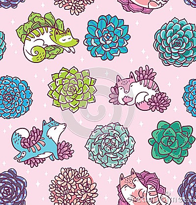 Succulents and cute cats seamless pattern. Beautiful floral vector background. Trendy tropical surface design Vector Illustration