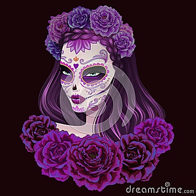 Beautiful sugar skull woman illustration. Day of dead illustration. Vector Illustration