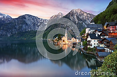 Beautiful summer Alpine Hallstatt Town and lake Hallstatter See Stock Photo