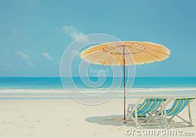 Beautiful summer beach with beach chairs and umbrella Vector Illustration