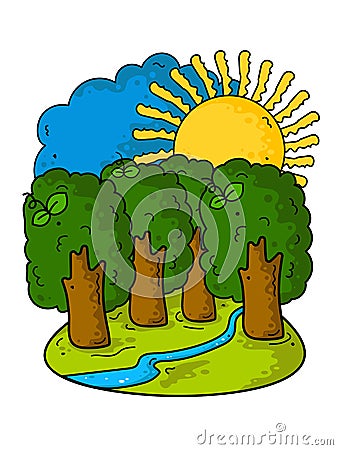 Beautiful summer cartoon landscape. Trees, sun, sky, blue river and green grass. Vector Illustration