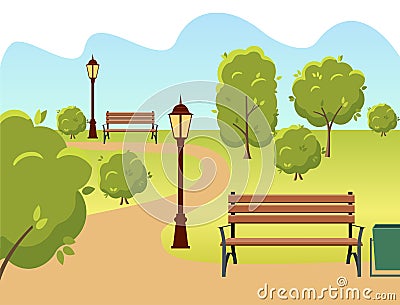 Beautiful summer city park with green trees bench, lantern and walkway. Vector Illustration