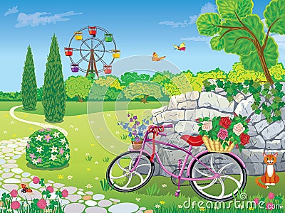 Beautiful summer garden with decorative Bicycle with basket of f Stock Photo