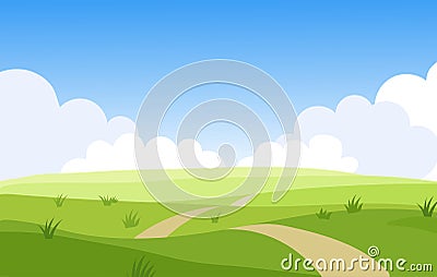 Beautiful summer grassy meadow landscape. Spring nature sunny day. Bright background with cloudy sky in the park, place for text. Cartoon Illustration