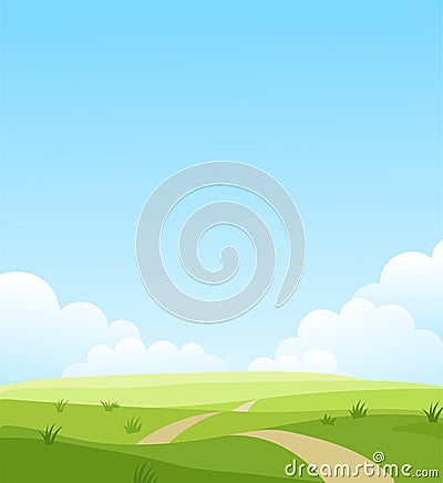 Beautiful summer grassy meadow landscape. Spring nature sunny day. Bright background with cloudy sky in the park, place for text. Cartoon Illustration