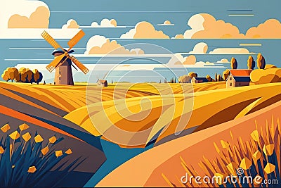 Beautiful summer harvest landscape with yellow grassy hills in a cartoon style. The cloudscape background on outdoor Stock Photo