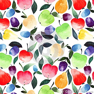 Beautiful summer juicy tasty pears apples plums orange green red violet and yellow colors with green leaves pattern watercolor Cartoon Illustration