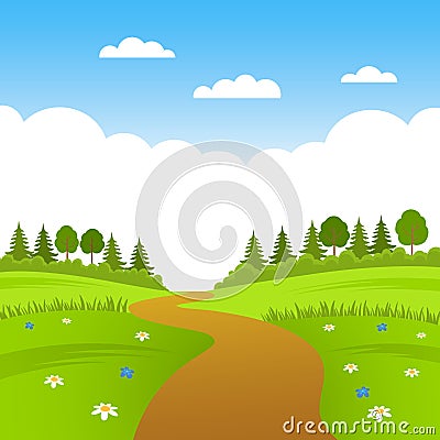 Beautiful summer landscape field, forest and road. flat vector Cartoon Illustration