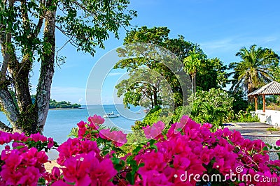 Beautiful summer landscape with flowers, trees and sea view with boat on water Stock Photo