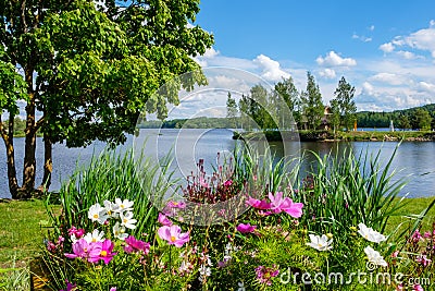 Beautiful summer landscape on lake and with flowers on foreground Stock Photo