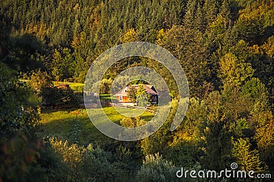 Beautiful summer landscape with nice village comfortable house Stock Photo