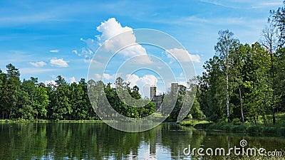 Beautiful summer landscape with a pond near the old Palace. Gatchina. Russia. Stock Photo