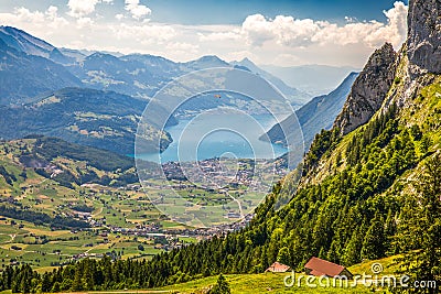 Beautiful summer landscape of Switzerland with Grosser Mythen mountain, Swiss Alps, Vierwaldstattersee and Brunnen town from Iberg Stock Photo