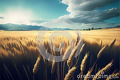 Beautiful summer landscape. Wheat field and mountains in the background. Stock Photo