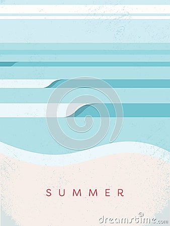 Beautiful summer poster template, minimalist art pastel colors vector illustration. Ocean waves crashing on beach Vector Illustration