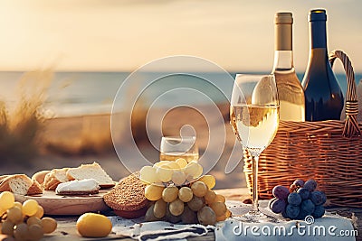 Bottles of red and white wine, baguete, cheese, grapes and fresh fruits on blurred seascape Stock Photo