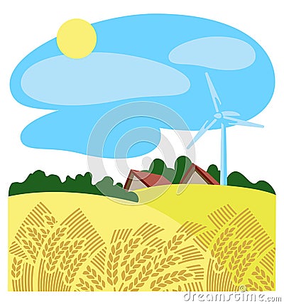 Beautiful summer rural landscape, wheat field and village farm with windmill, countryside, outside, sunny day with Vector Illustration