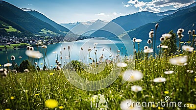 Beautiful summer scene with a flower field, snow capped mountains, and a blue lake. Generative AI Stock Photo