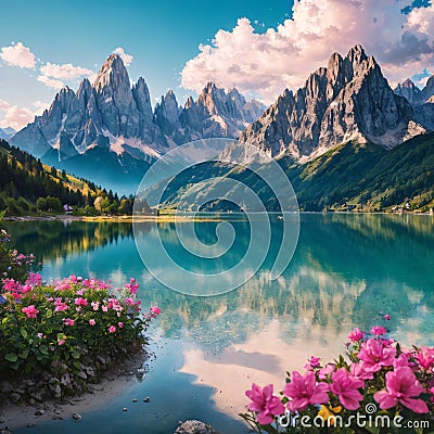 Beautiful summer scenery. Charming morning view of Fedaia lake. Stunning summer scene of Dolomiti Alps, Gran Poz Stock Photo