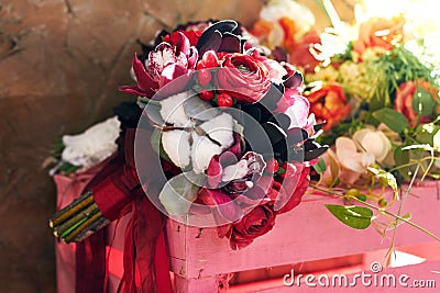 Beautiful summer wedding bouquet. Delicate bright Flowers for the bride. Preparations for wedding ceremony. Wedding Bridal bouquet Stock Photo