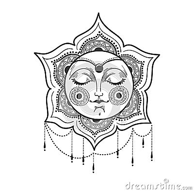 Beautiful sun with female face, jewelry and mandala ornament, bohemian design, tattoo. Linear hand drawing isolated on Cartoon Illustration