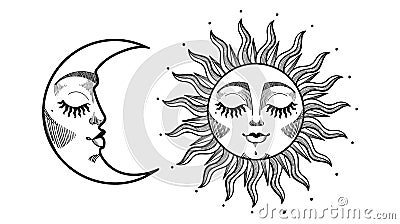 Beautiful sun and moon crescent with face, vintage boho tattoo, mystical symbols of astrology, zodiac, esotericism Vector Illustration